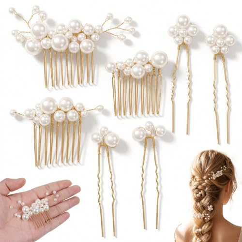 7Pcs Gold Wedding Bridal Pearl Hair Pins Clips, Bridal Headpiece Hair Comb