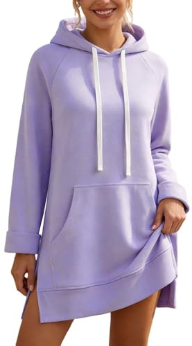 Generisch Robe à capuche à manches longues pour femme, couleur unie, avec poche moyenne, décontractée, confortable, élégante, pour le quotidien, lilas, L