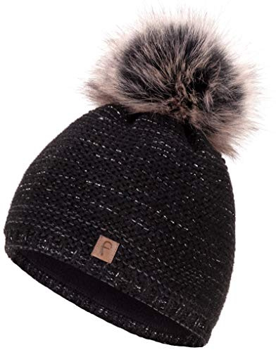 Faera Wintermütze Mütze Damen warm gefüttert Kunstfell Bommel Bommelmütze Fleecefutter Winter Strickmütze Beanie Mütze 31