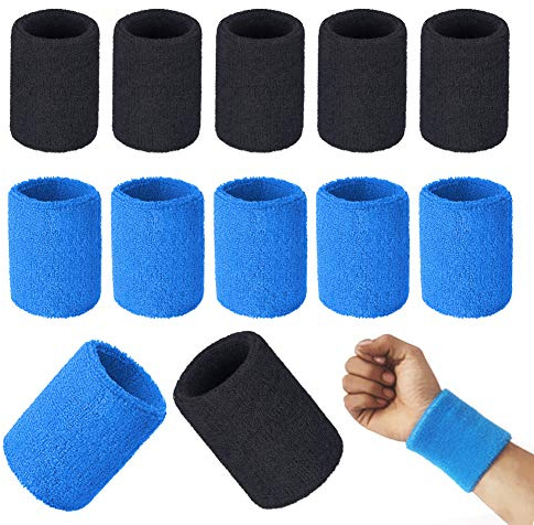 Sweat Bands Wristbands Set, 12 Pieces Sweatband Wrist Sweat-absorb Protective Elastic Wrist Sweat Bands for Children Women Men Sports Office Work 7 x 7.5cm/2.75 x 2.95in (Black & Blue)