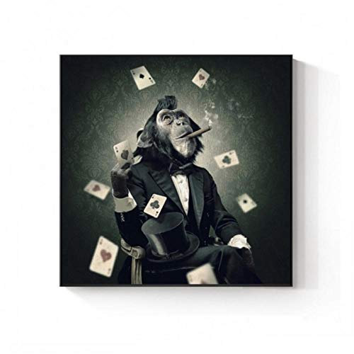 Jwqing Wandkunst Leinwand Kunstwerk Rauchen AFFE Malerei Coole Tiere AFFE Spielkarten Poster und Drucke Bilddruck Wohnzimmer Wohnkultur A_60x60cm_Frame