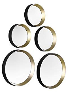 Mirrors and More Deko Wandspiegel im 5er Set - runde Rahmen in Schwarz und Gold - mit Magnet zum Kleben ohne Bohren