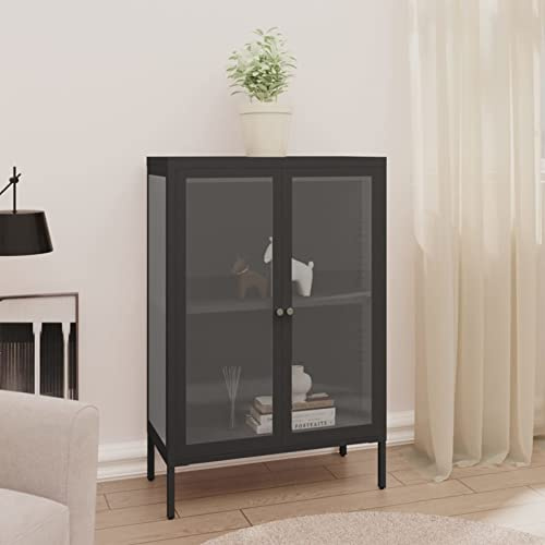 Tidyard Sideboard Kommode Vitrinenschrank Bücherschrank Aktenschrank Büroschrank Vitrine Schrank Bücherregal Mehrzweckschränke Metall & Glas Anthrazit 75x35x105 cm