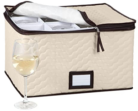 Stemware Storage Case - For Wine Glasses and Glassware - Holds 12 Glasses - Wine Glass Box Protects Champagne Flutes and Fine China - Durable Quilted Microfiber Bin with Dividers and Carry Handles | Stemware Storage Case, Protects Fine China, Durable Quilted Microfiber, Carry Handles, Ideal for White Wine