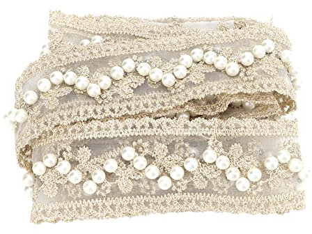 Nastro di perle con bordo in pizzo ricamato da 2 yarde, rotolo di nastro di perle, per abbigliamento fai-da-te, abiti, centrotavola per matrimoni, bouquet da sposa, corone di nozze, tende con perline,