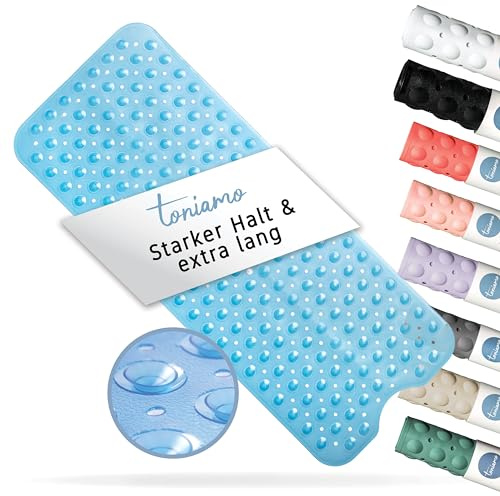 Toniamo Badewannenmatte rutschfest 100 x 40 cm Antirutschmatte, Blau | Extra lange Badematte mit Saugnäpfen ohne BPA, rutschfest, antibakteriell, maschinenfest für sicheren Halt in der Badewanne