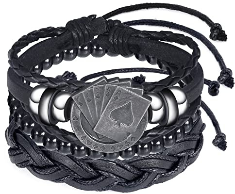 Feilok Herren Halskette und Armband Set - Echtleder Halsschmuck mit Poker Ace of Hearts Pik Glücklich Anhänger
