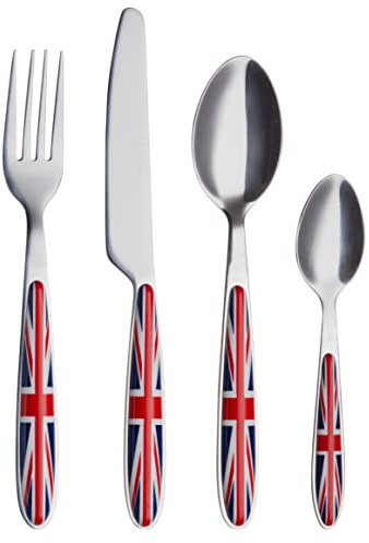 EXZACT 24 pièces Union Jack Couverts acier inoxydable couverts set pour 6 | compatible lave vaisselle miroir poli finition avec British Flag manches pour quotidien repas fêtes pique niques et