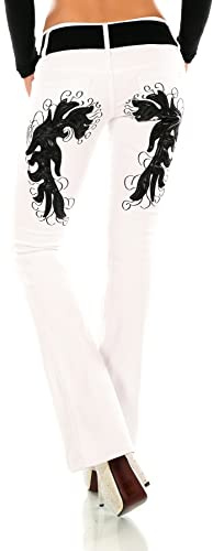 STIDIA Damen Bootcut Jeans Hose Schlaghose Flamme Kunstleder Stickerei Tattoo Gürtel XS-XXL (as3, Alpha, l, Regular, Regular, Weiß-schwarz, Regulär)