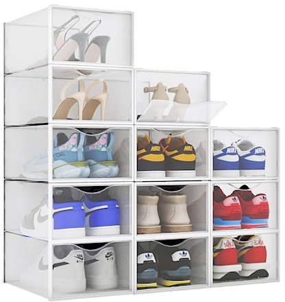 BINO 12-Pack Plastic Stackable Shoe Box Set - Clear | Foldable Shoe Storage Container | Sneaker Bins | Shoe Rack Box | Transparent | Portable Stacking Shoe Boxes Front Open