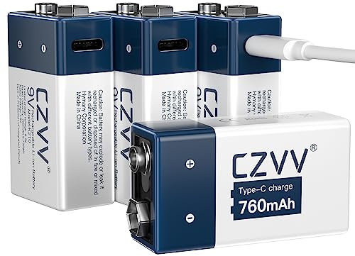 czvv Batteria 9V Ricaricabile Litio - Alta Capacità 760mAh - Pile Ricaricabili Li-ion 7,6V con Cavo Micro USB Type-C - Durata Ultra Lunga 10 Anni, 1300 Cicli, per Microfono, Allarme Antifumo (4 PCS)
