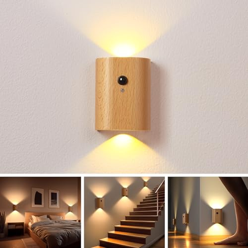 HBGFHG Wooden Motion Sensor Step Light Rechargeable Magnetic Wall Hallway | Night light with USB-C, stick on magnetic mount, warm glow, minimalist style for hallway,stairs,closets,sconce,entryways
