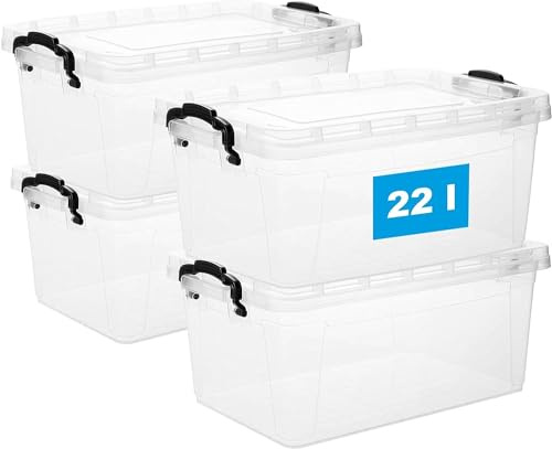 Plastikbox mit Deckel 4er Set 22 Liter Kunststoffbox Aufbewahrungsbox - Ideal als Stapelboxen mit Deckel & Griff für Haushalt & Büro Aufbewahrung, Transparent BPA-frei Kunststoff, Modell: X22