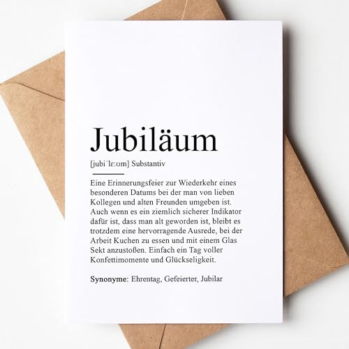 KAMEWI® Grußkarte JUBILÄUM Definition | Klappkarte mit Briefumschlag aus Kraftpapier | Rente Geschenk Rentner Arbeitskollegen Abschied Kollegin Herzensmensch