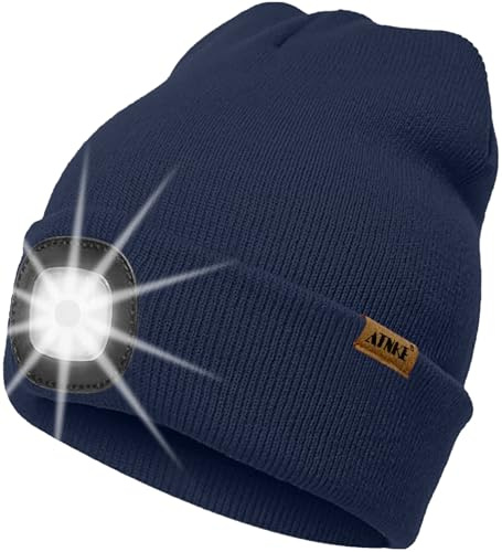 ATNKE LED Beleuchtete Mütze mit Licht,Wiederaufladbare USB 4 LED Beleuchtete Laufmütze Extrem Heller Lampe Winter Warme Stricken Mütze Technik Geschenke für Herren und Damen