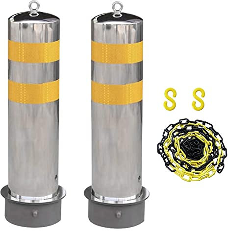 Einfahrts-Sicherheitspfosten, Absperrpfosten für Einfahrten, reflektierendes Klebeband, 5 m Absperrkette und 2 Stück Edelstahl-Parkpfosten, Leitkegel (Silber 600 mm x 159 mm) (Silber 600 mm x 159 mm)