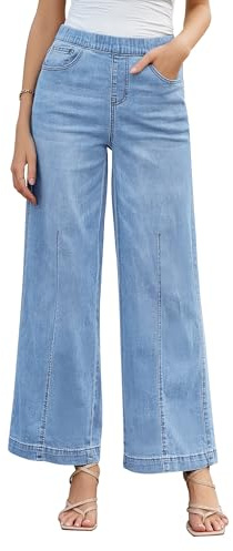 Roskiky Jeans Damen High Waist Pull On mom Jeans Stretchy High Waisted Denim Wide Leg Trouser Pants Trendy Front Seam 90s Loose Jean, Lakeside Blue, XL