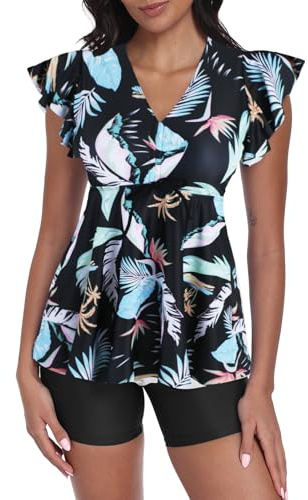 Ecupper Maillot de Bain Femme 2 Pieces Push Up Tankini Set Taille Haute Shorty Col en V Maillot de Bain à Volants Noir 3XL