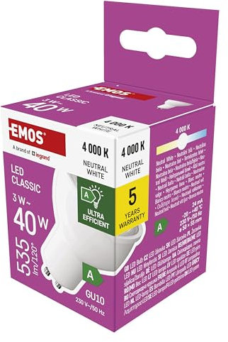 EMOS LED Lampe Spot A Class, MR16 mit GU10 Sockel, 3W Ersatz für 40W Halogenlampe, Helligkeit 535 lm, Neutralweiß 4000 K, 30000 h Lebensdauer, CRI min. 80, 100° Abstrahlwinkel, weiße Farbe