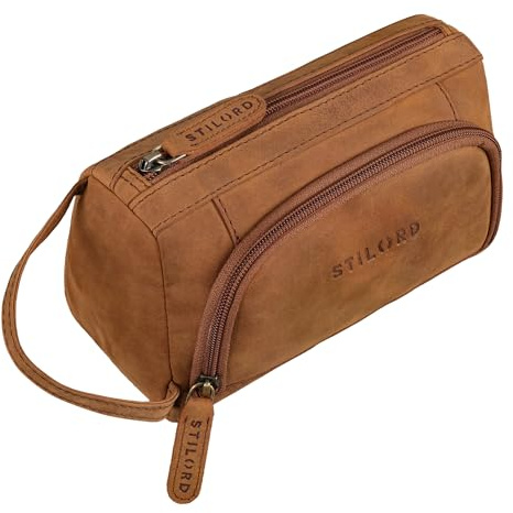 STILORD 'Tony' Vintage Federmäppchen Leder Groß Stifteetui Stiftemappe mit Reißverschluss Vintage Federmappe Kosmetiktasche Schlamper-Mäppchen Etui Echtleder, Farbe:tan - dunkelbraun