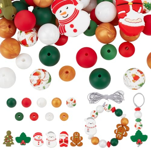 INFUNLY 102 Stück Weihnachts Silikonperlen Zum Basteln 15 Stile Weihnachts Silikon Lose Perlen Set Verschiedene Runde Weihnachtsperlen Grün Rot Weihnachtsmann Schneemann Perlen Für DIY Schlüsselanhäng