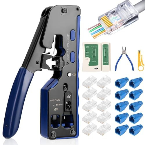RJ45 Pass Through Outil de Sertissage Pince à Dénuder Multifonction pour Câble Réseau Kit d'Outils de Sertissage RJ45 Cat6 Cat5 Cat5e avec 50 Connecteurs Cat6 et Couvercles de Protection