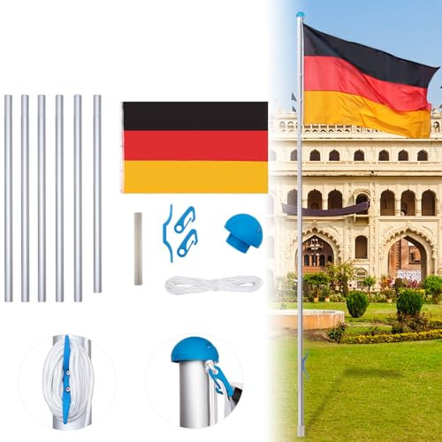 XINZI Asta telescopica per bandiera, 6,5 m, stabile, in alluminio, con bandiera della Germania, asta telescopica, asta per bandiere telescopica, regolabile in altezza e resistente alle intemperie, con