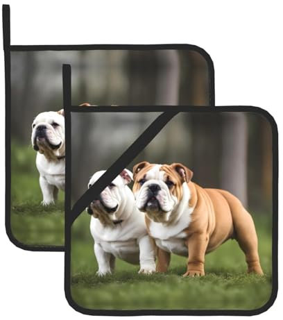 WHJYYXDE Topflappen-Set, 20,3 x 20,3 cm, langlebig, verbrühungssichere Isolierung, wasserdichter Stoff, rotes Bauernhaus-Design, englische Bulldoggen