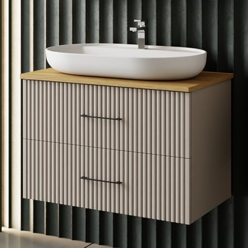 Karen Waschtisch mit Unterschrank Liana | Keramikwaschbecken | Unterschrank | Badmöbel | Aufsatzwaschbecken | Konsolenwaschtisch | Elegant | Badezimmer | Riffeloptik (Liana 80 mit Konsole Eiche)
