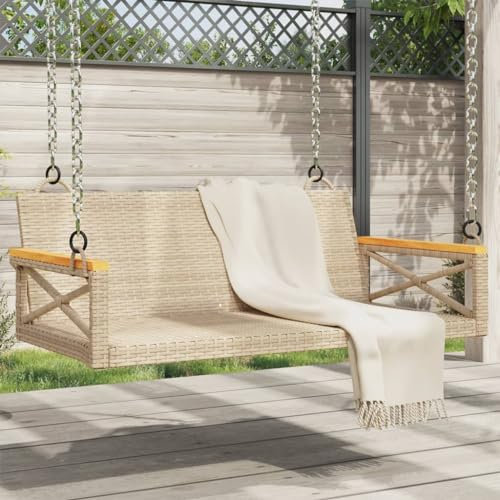 Makastle Hängeschaukel aus PE Rattan, Hängesessel Schwebesessel 2-Sitzer Hängebank Gartenschaukel Schaukelbank, Beige 109x62x40 cm