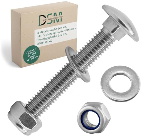 DSM – Schlossschrauben M10 x 120 mm nach DIN 603 – M10 Sicherungsmutter DIN 985 & Unterlegscheibe DIN 125 – Edelstahl A2/V2A – Flachrundkopfschrauben mit Vierkantansatz – Stoppmuttern – 100 Stück
