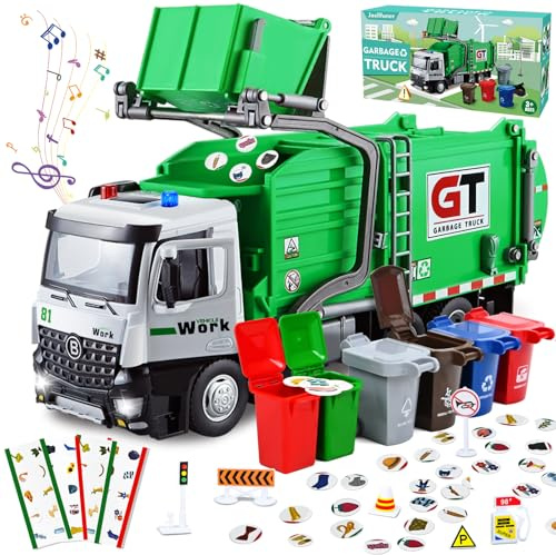 Joellfuner Camion Basura Juguete, Aleaciones Camiones de Juguete para Niños, con Efectos de Luces y Sonidos, Vehículo de Inercia, Incluye Mapa de la Ciudad y Minibasura, Juguete Educativo Regalo