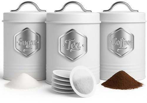 HEFTMAN Recipientes de té blanco, café y azúcar, elegantes juegos de 3 piezas para la cocina, juego de almacenamiento de té y café con recipientes herméticos y etiquetados (3 piezas, blanco/plateado)