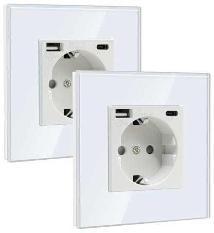 BSEED Schuko Steckdose mit USB (Max. 2.1A) und Type C,Weiß Unterputz Steckdose USB,Schutzkontakt-Verlängerungssteckdosen Ladegerät für Handys, Laptops etc(1 Fach-2Pack)