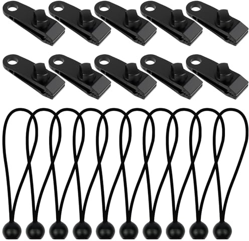 HOTUT Tarp Clips Set, 20 Stück Zeltplane Clips Planenbefestigung, mit 10 Planenklammern und 10 Zelt Bungees Schnüre, Heavy Duty Zeltklemme Planenspanner für Camping Vorzelt, Picknick, Wandern