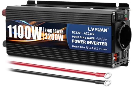 LVYUAN 1100W Convertisseur 12V à 220V Onduleur Inverter | 2200W peak Convertisseur de courant à onde sinusoïdale pure avec écran LED, prise UE et 2 ports USB