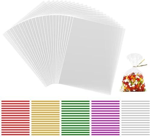 Anstore 200 Stück Durchsichtige Cellophantüten Klarsichttüten Groß 15x20cm | Mit 200 Bunt Metallischen Bindebaender, Ideal für Süßigkeiten, Schokolade, Brot, Hochzeit, Weihnachten, Geburtstagsgeschenke