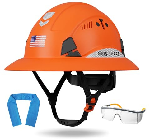 DS-SMAAT Construction Wide Brim Hard Hat,Full Brim Hard Hat ANSI Z89.1 Type 1 & OSHA Certified Safety Helmet with Glasses, with 6-Point Suspension & 4 Ventilation Ports (Orange)