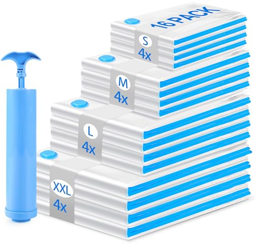Sacchetti sottovuoto vestiti trapunte, 16 Sacchi Sottovuoto 4 * 100x80cm+4 * 80x60cm+4 * 60x40cm+4 * 50x30cm Buste Sottovuoto Sacchetti per Piumone Cuscini Contenere Coperte Vestiti Lenzuola Tende