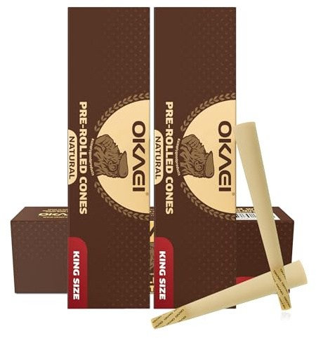 OKAEI Natural King Size Cones 200 Stück - vorgedrehte ungebleichte Hülsen aus Holzpapier, langsam brennend & vegan