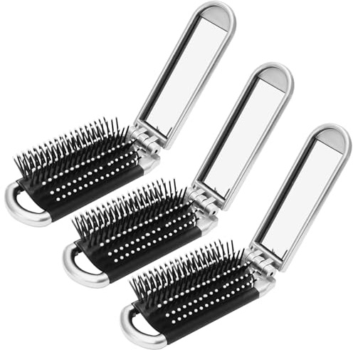 Qjaiune 3 Pack Folding Travel Hair Brush with Mirror, Mini Foldable Hairbrush, Portable Pocket Comb with Mirror for Women Girls - Compact Design, Perfect for Travel, Purse, Gym Use - Silver