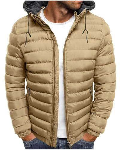 Steppjacke Herren Winter Daunenjacke Leicht Dünne Winterjacke Schwergewicht Jacket mit Kapuze Langarm Herrenjacke Classic Einfarbige Mantel Fashion Bequeme Kapuzenjacke 01 Khaki L