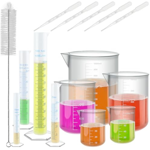 Messbecher Kunststoff Messzylinder Set 15 Stück, Messzylinder Kunststoff Messbecher Pipetten Plastik Reagenzgläser Messbechers, Laborflaschen für Wissenschaftliche DIY, Flüssigkeitspipette und Pinsel