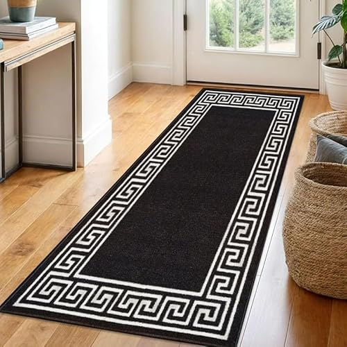 Trendy Realm Athena Runner Rug – Large Non-Slip Washable Carpet for Living Room, Bedroom, Hallway, Lounge, Dining, Kitchen, Modern Indoor Long Floor Runners (Black & White, 66x120 cm)
