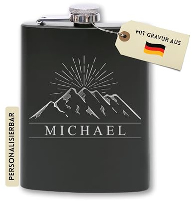 Flanacom Flachmann mit Gravur aus Edelstahl inkl. Trichter 227ml / 8oz Outdoor Travel Alkohol Geschenke für Männer Flachmann Personalisiert mit Wunschgravur (Design 8, 8 Oz Schwarz)