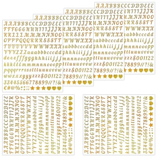 Simsky 6 Blatt Goldene Selbstklebende Buchstaben Aufkleber, Vinyl Klebebuchstaben mit Zahlen & Symbolen, Wetterfest Buchstaben Sticker für DIY Scrapbooking, Grußkarten, Tür, Dekoration