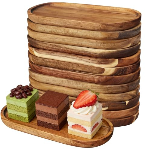 12 Pcs Acacia Wood Trays Bulk, Oval Wooden Serving Platter, 25 x 12.5 cm | Acacia Wood Boards, Cheese Plate Food Platters with Raised Edges for Charcuterie Dessert Snack Bread Fruit Appetizer