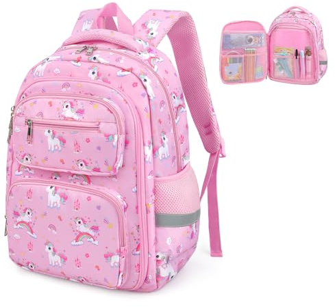 Zaini Scolastici per Bambini, Impermeabile Zaino Scolastico per Scuola Primaria e Secondaria, Grande Zainetto Bambino Leggero per Scuola e All'aperto, Unicorni Rosa