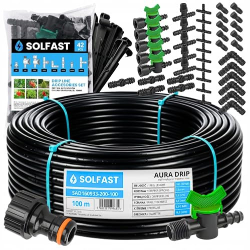 SOLFAST Tropfschlauch Set 100 m 16 mm – Bewässerungssystem Tropfbewässerung für Garten, Gewächshaus, Pflanzen, Beet, Hecke, automatische Gartenbewässerung