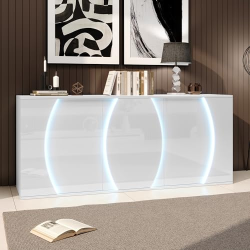 Kebnor Wohnzimmer-Sideboard,Hochglänzender Wohnzimmerschrank mit DREI Türen,Aufbewahrungsschränke mit LED-Türen,Design-Schranktüren,Spanplatte.150 cm Breite 150x40x70cm, (Weiß-5)
